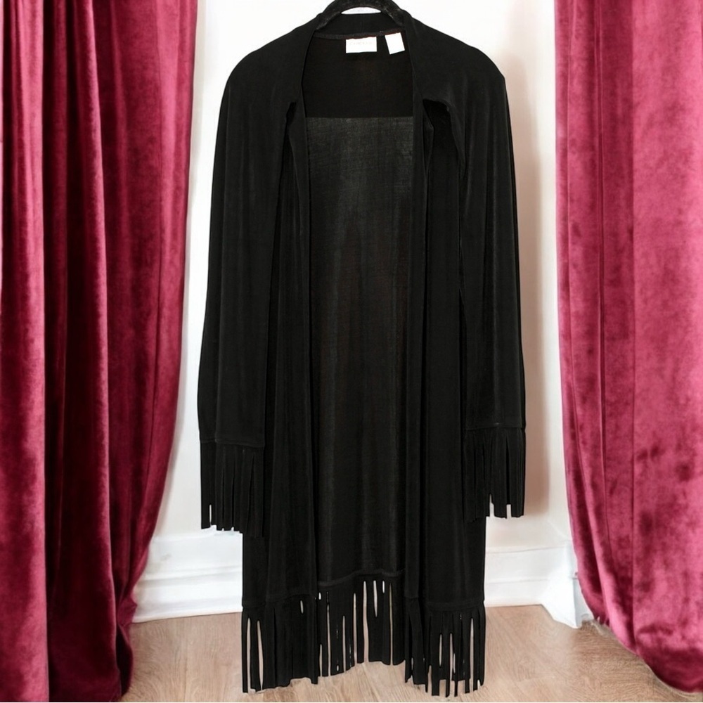 Chico’s Travelers Black Fringe‎ Hem Long Length Cardigan Size S/4